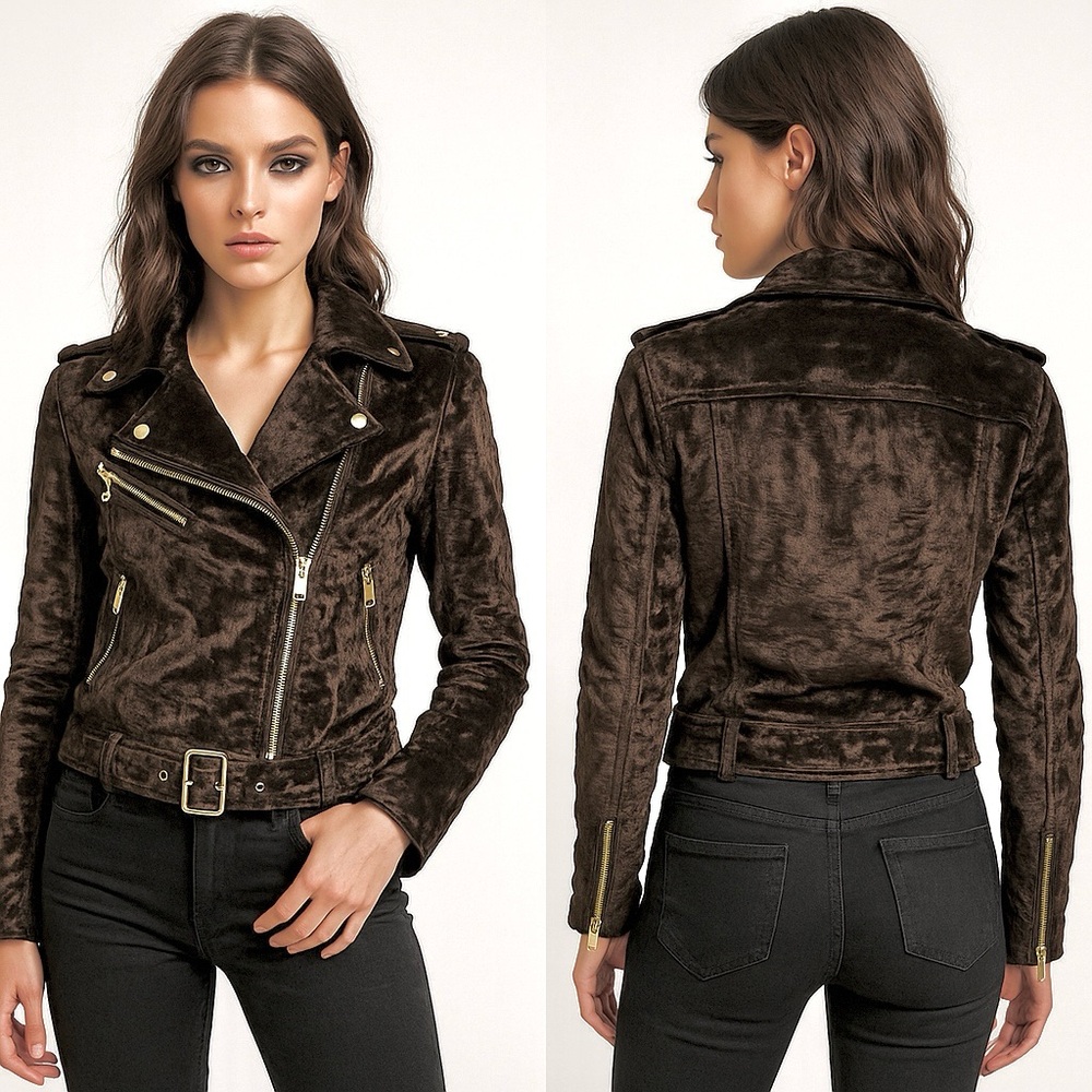 RUNWAY NY Sample Crushed Velvet Belted Biker Moto Jacket Zipper Pockets Brown S